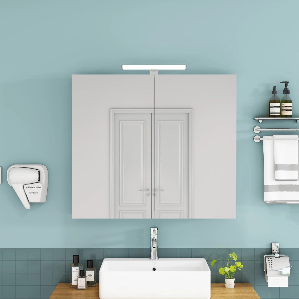 Armadietto a specchio da bagno a 2 ante con LED, presa francese e ripiani in vetro regolabili bianco 87 × 24 × 79 cm