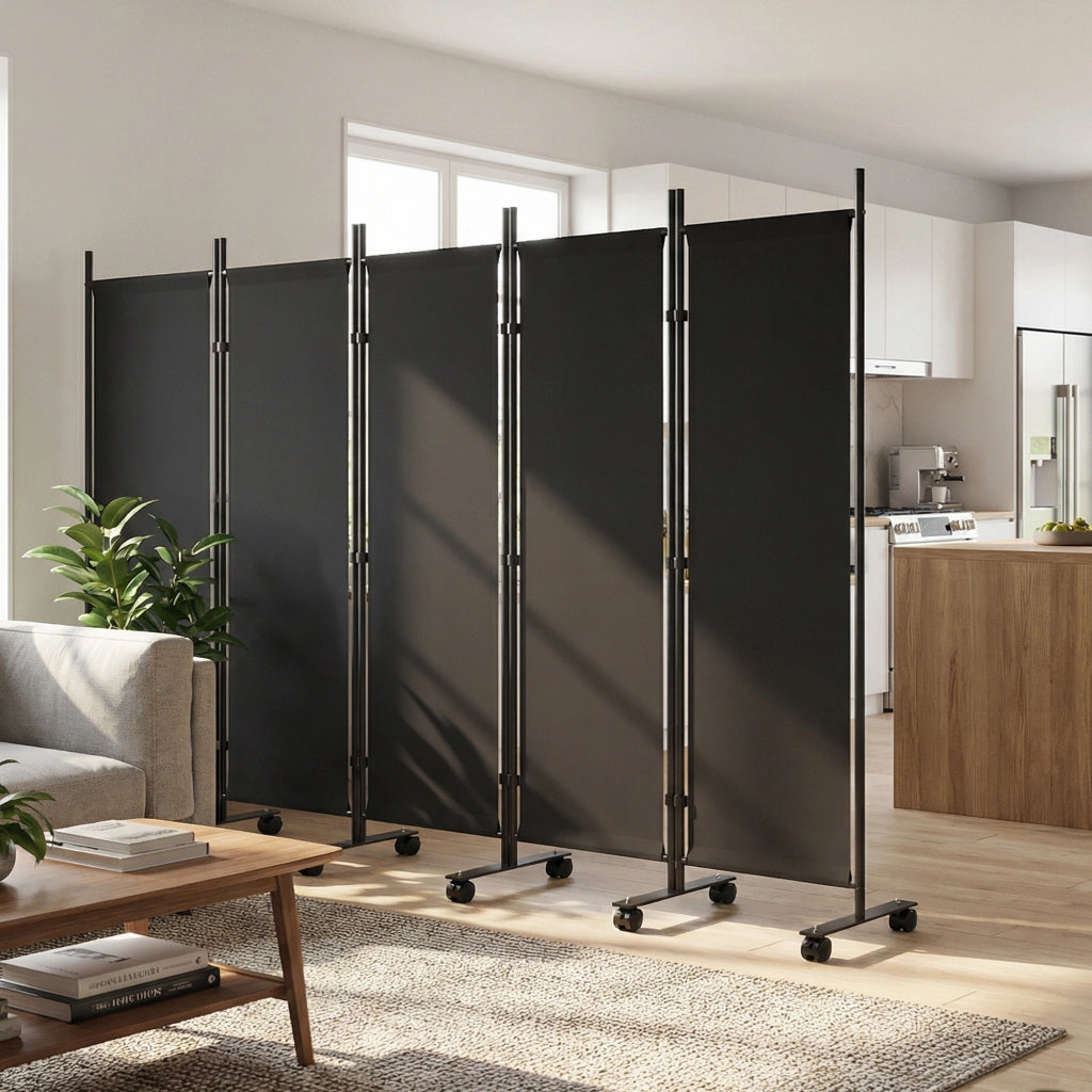 Paravento Divisorio 5 Pannelli con 12 Ruote ¨C Xylo ¨C Nero 252x170 cm
