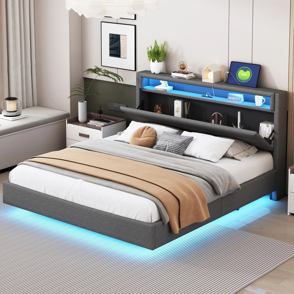 Letto Imbottito Matrimoniale con LED e USB ¨C MINIMAL ¨C Tessuto Grigio 160x200