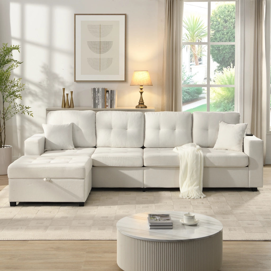 DIVANO angolare modulare 253 cm beige con pouf contenitore e USB Type-C