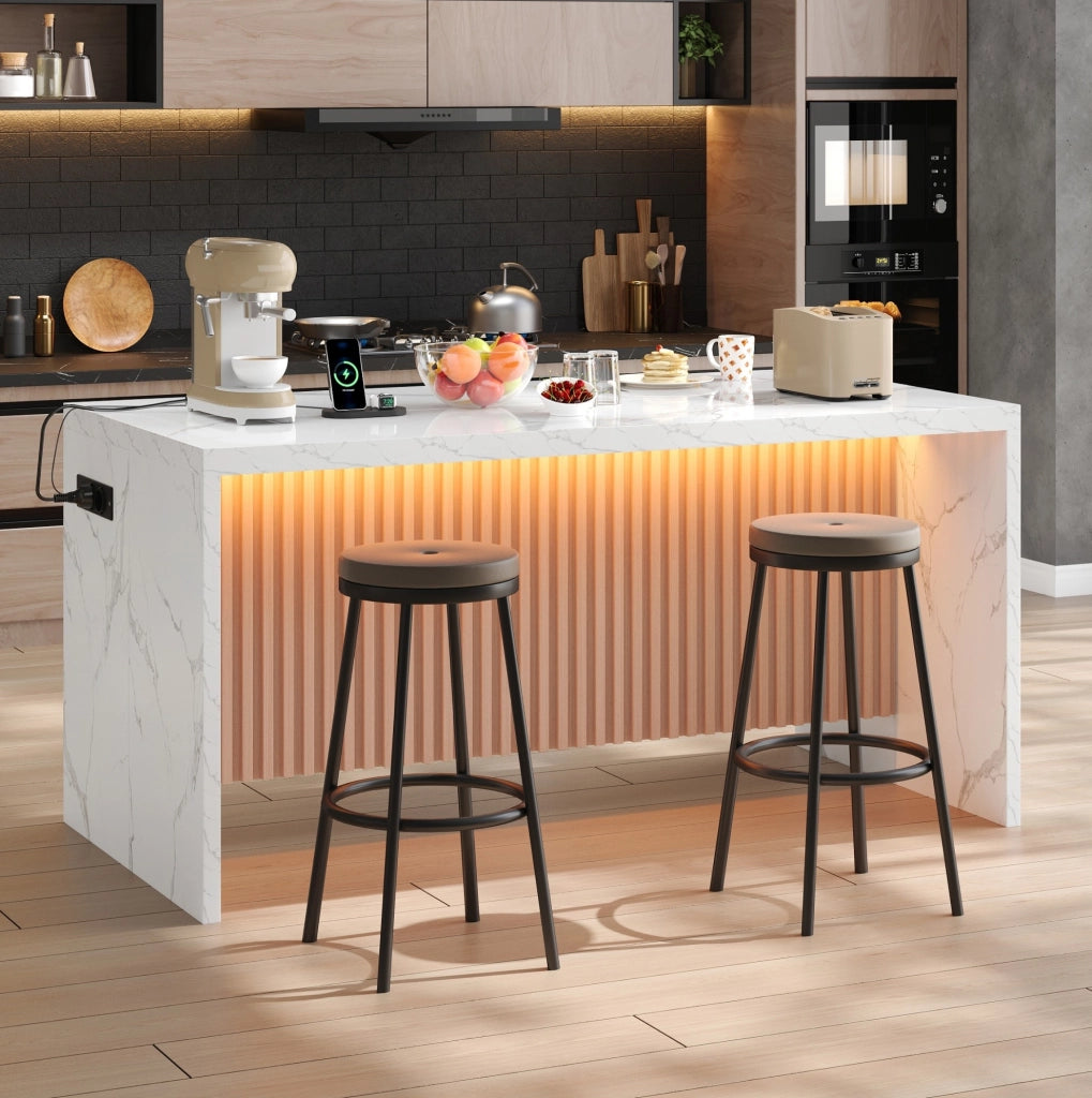 Isola cucina 155x80x90 cm in MDF effetto marmo bianco; con LED; prese e USB