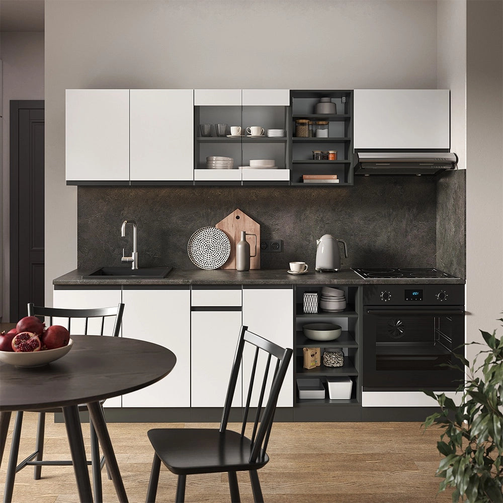 Cucina componibile R-Line Bianco/Antracite 240 cm J-Shape, PL Marmo Vicco