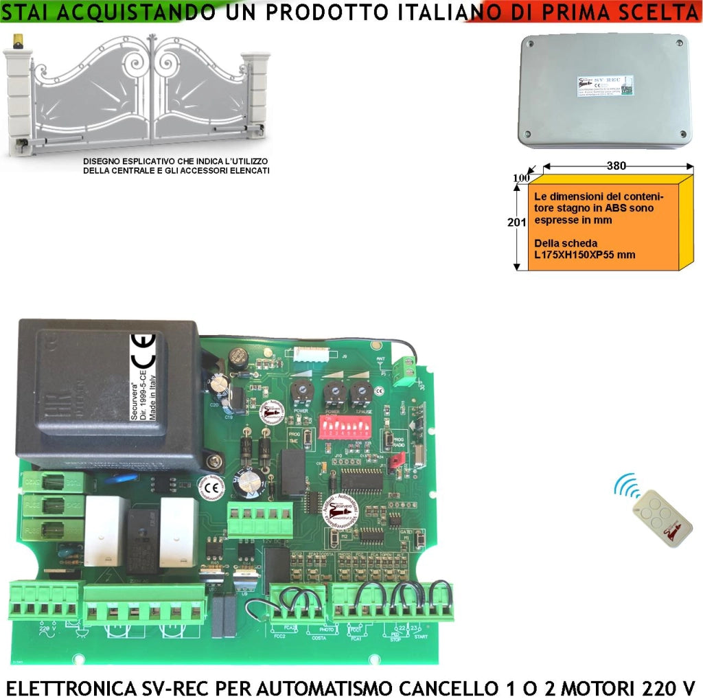 Scheda Elettronica Cancello 1-2 Ante Battenti 230 V Con Ricevente Radio 433,92 MHz Radiocomando R.C. Selezione Funzione Luce Cortesia Apertura Chiusura Automatica o Comando Programma in Apprendimento