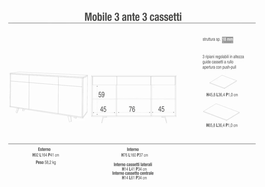 Mobile Soggiorno 3 Ante 3 Cassetti 164x41 h92cm Ossido Bianco