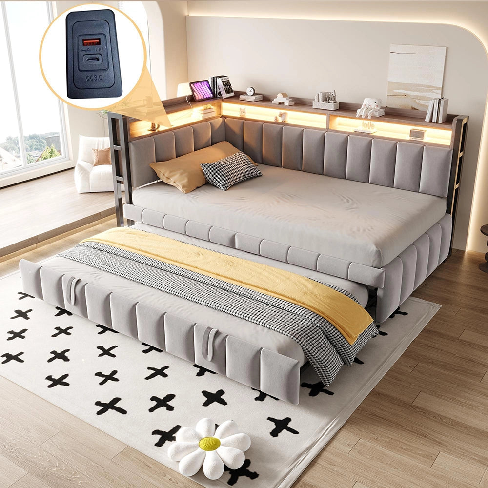 Divano letto 90x200cm?- Xylo - gigogne LED USB velluto grigio chiaro