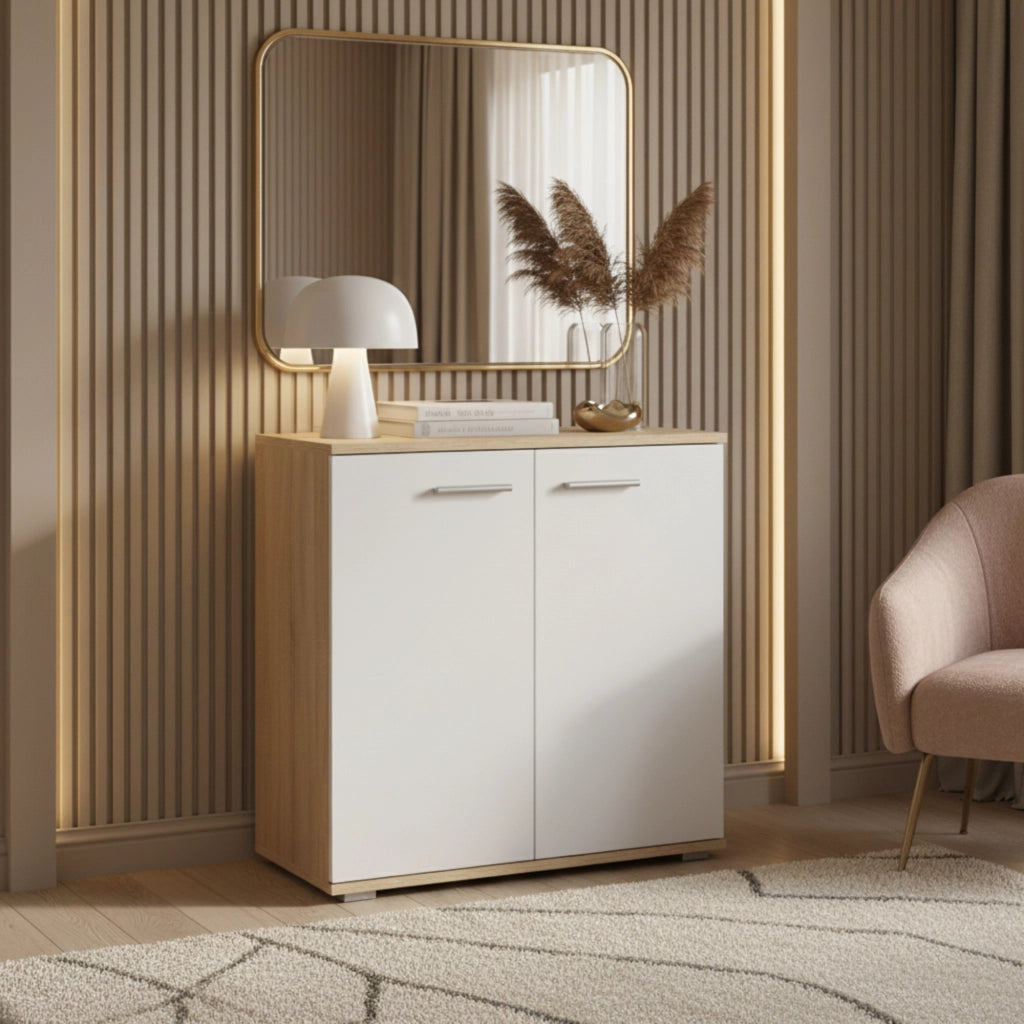 Commode FAUSKE - Capiente - 2 Ante - Rovere Sonoma - Bianco - Larghezza 69 cm, Altezza 74 cm, Profondit? 34 cm