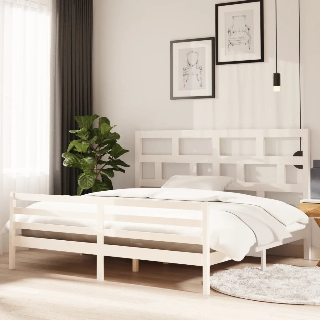Letto matrimoniale | Letto per adulti | Giroletto Bianco in Legno Massello di Pino 200x200 cm
