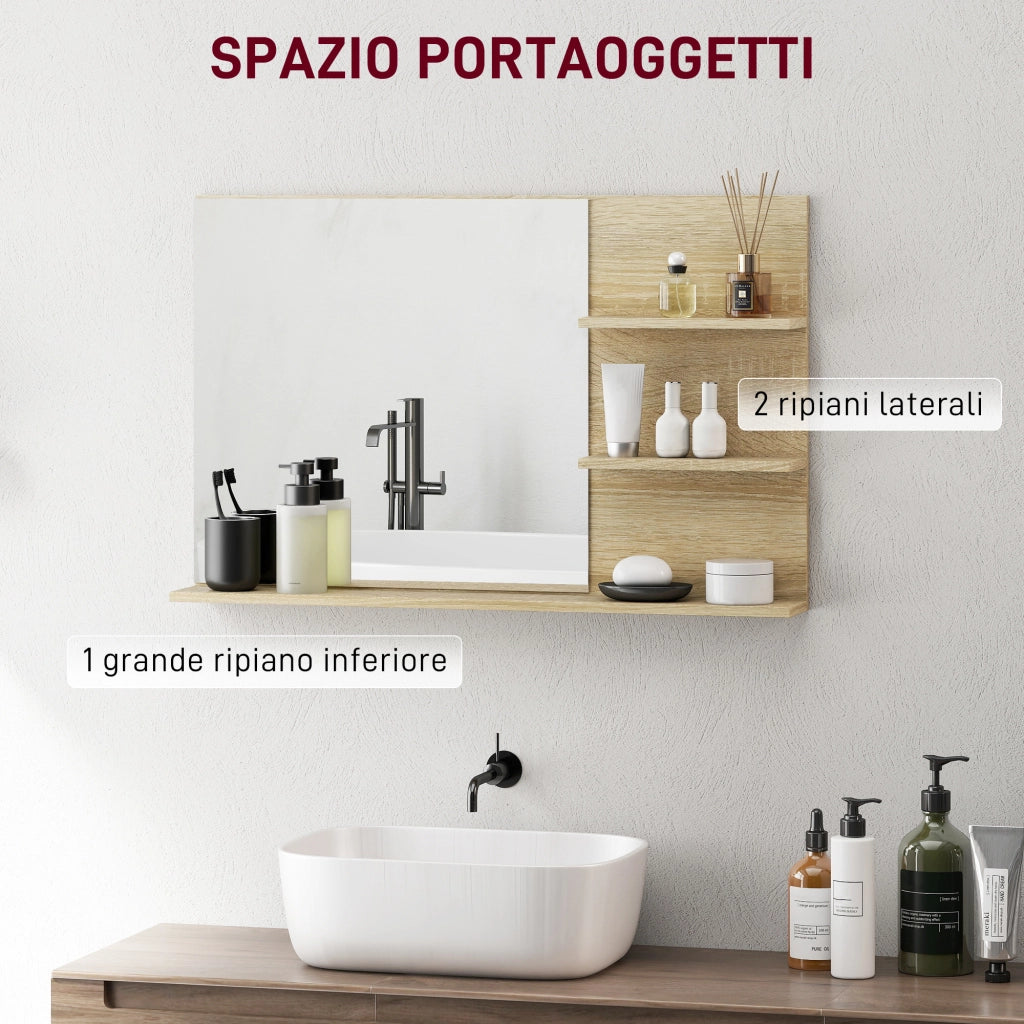 Specchio Bagno con Ripiani Laterali e Inferiore in Legno e Vetro ¨C Minimal ¨C 75x10x48 cm