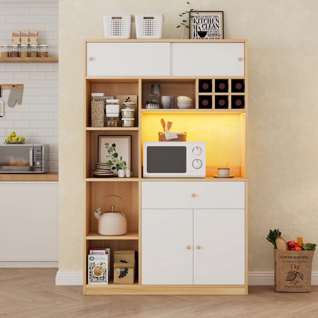 Credenza alta con LED, 1 cassetto, 3 ante e ripiani aperti, per cucina e soggiorno, bianco naturale, 115 × 35 × 180 cm