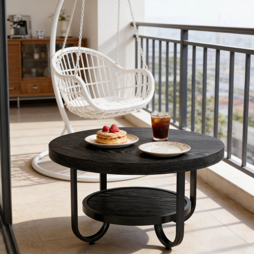 TAVOLINO DA CAFFÈ rotondo 79 cm 2 ripiani nero MDF e metallo