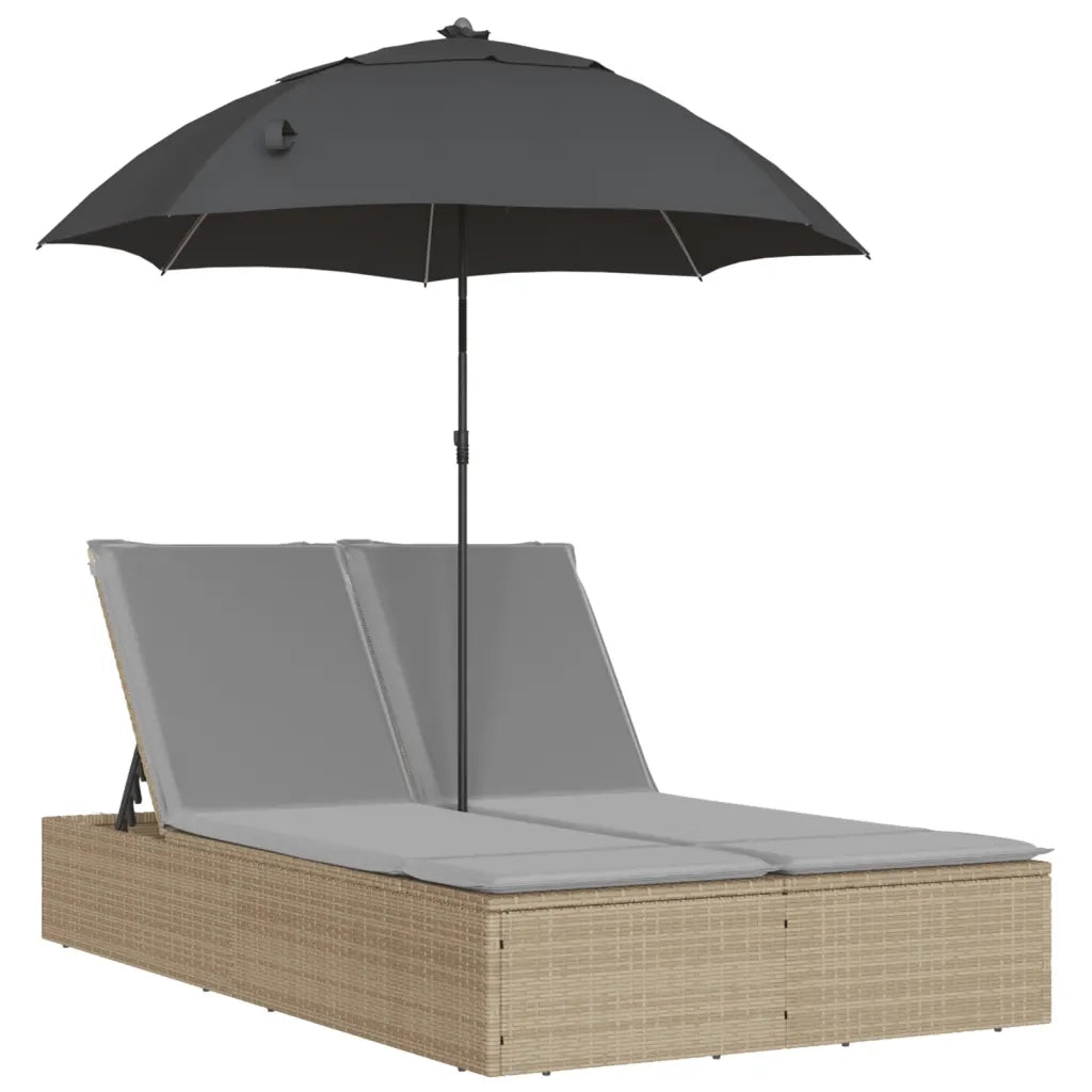 Lettino Prendisole | Sdraio da giardino | Lettino da sole Doppio Cuscini e Parasole Beige Polyrattan