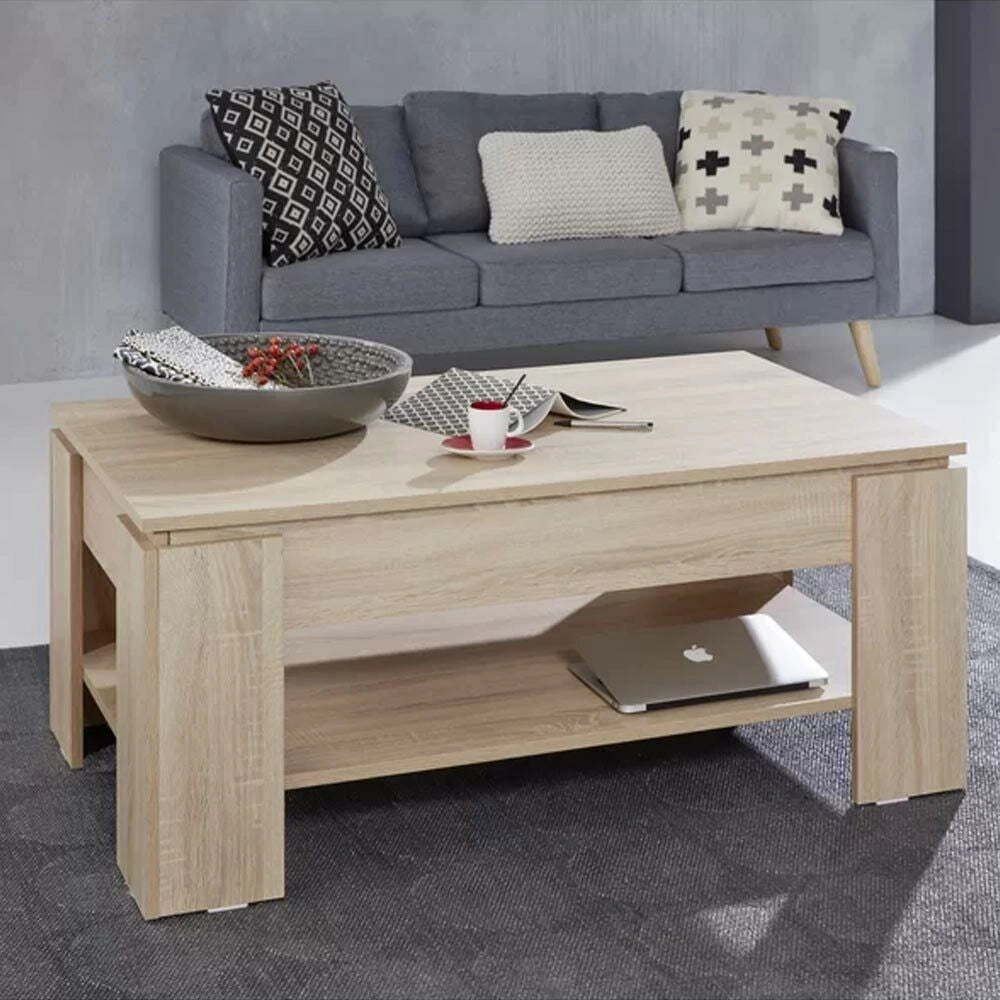 Tavolino Soggiorno con Rialzo Contenitore Tavolo Salotto Moderno Apribile Beige