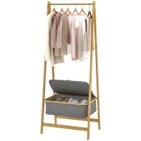 Stender per Abiti Pieghevole in Bambù con Cesto di Stoffa con Coperchio per Ingresso Camera da Letto 60x44,5x157,5 cm Grigio