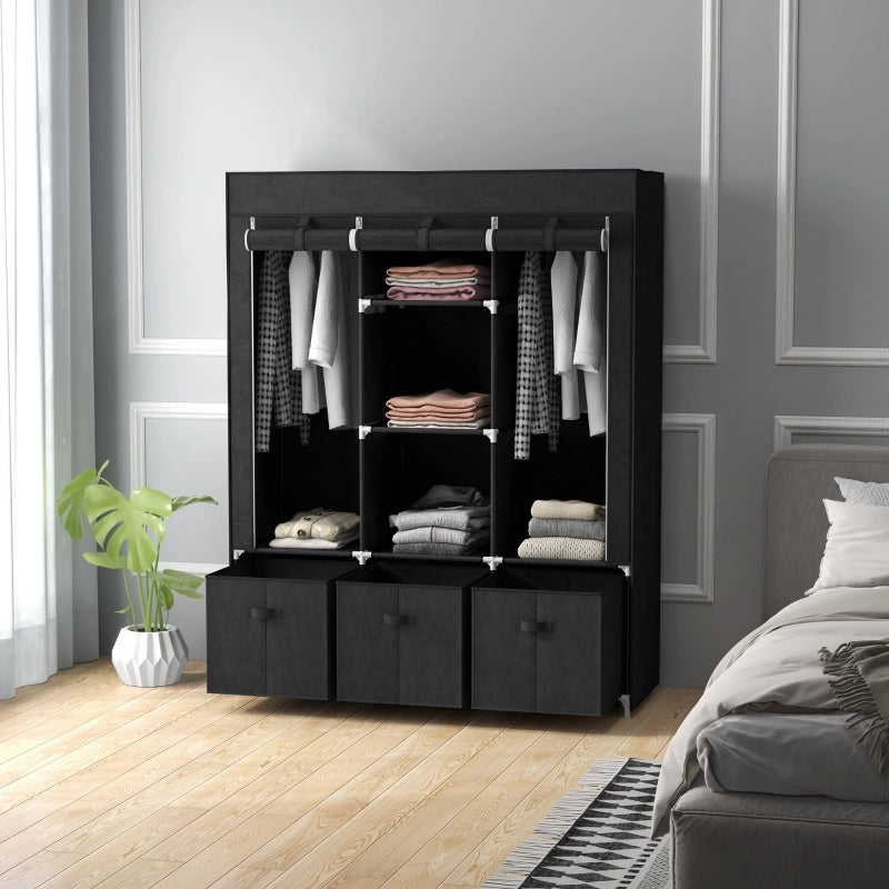 ARMADIO TESSILE con 2 aste, 5 ripiani e 3 cassetti 125x43x162,5 cm Nero
