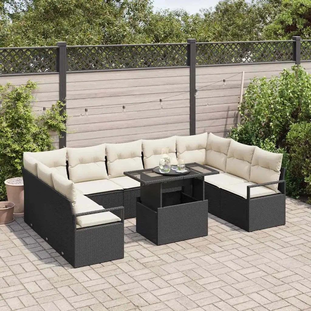 Set Divano da Giardino 10 pcs Nero e crema polyrattan
