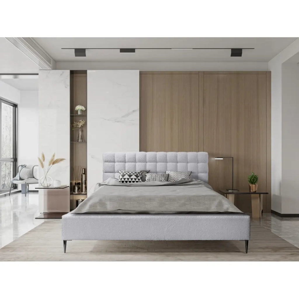 Letto MILLIO – Bianco – 180x200 cm – Tessuto bouclé in ciniglia – Rete inclusa – Comfort alberghiero 5 stelle
