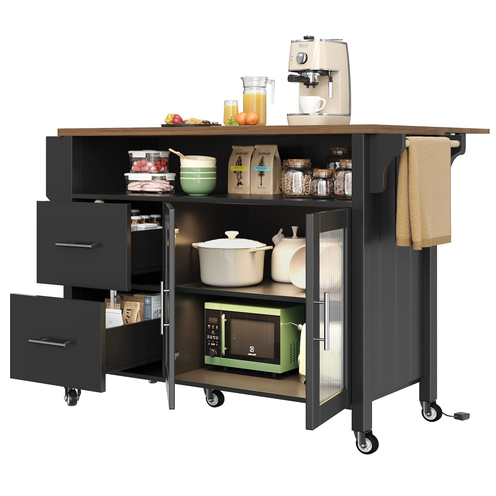 Isola Cucina con Vetrina LED e Ruote ¨C MINIMAL ¨C Nero, Legno
