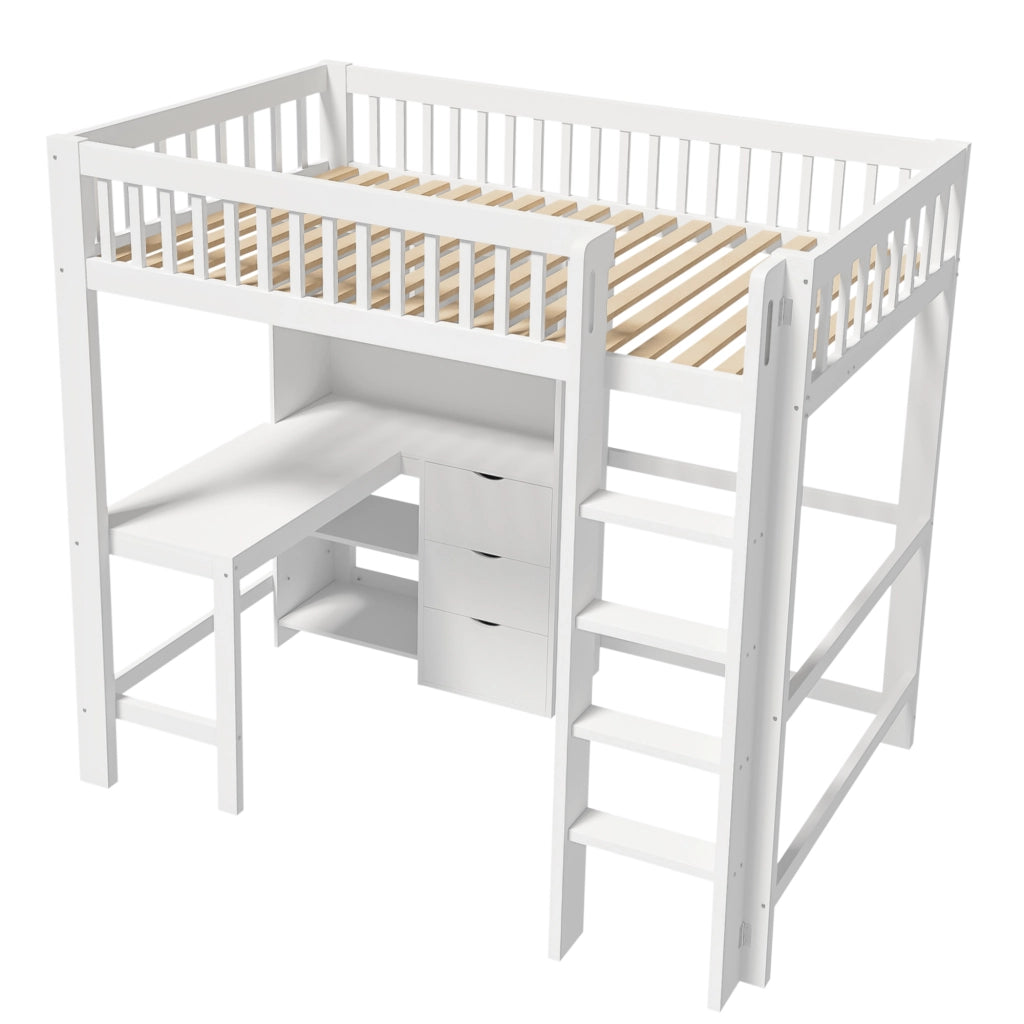 Letto a castello bianco in pino con scrivania e 3 cassetti 90x200 cm