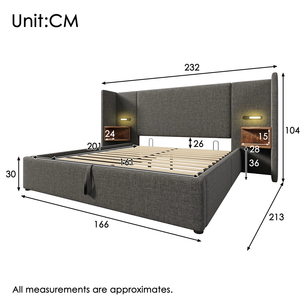 Letto matrimoniale 160x200 cm - Xylo - Grigio con comodini e lampada USB-C