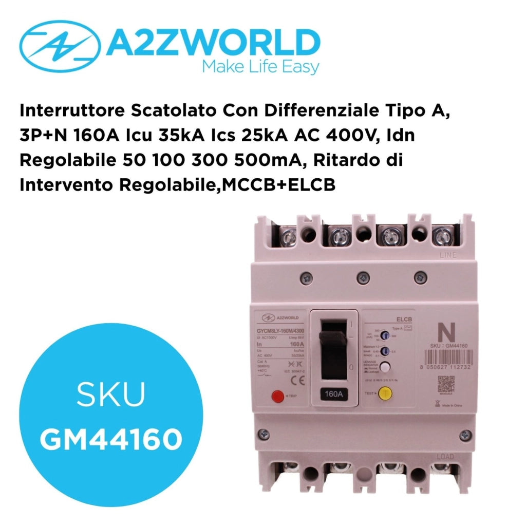 Interruttore Scatolato Con Differenziale Tipo A, 3P+N 160A Icu 35kA Ics 25kA AC 400V, Idn Regolabile 50 100 300 500mA, Ritardo di Intervento Regolabile 0.1-2S,Ui 1000V Uimp 8kV, MCCB+ELCB