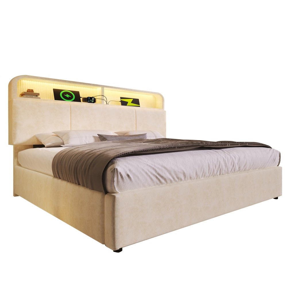 Letto imbottito idraulico 140x200cm con illuminazione LED; USB C e velluto in beige