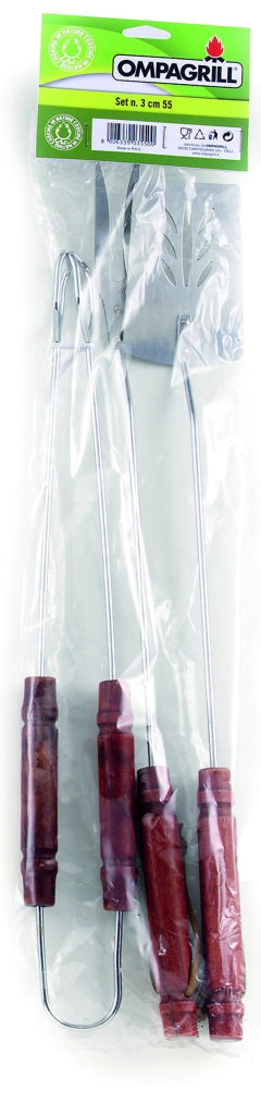 Ompagrill SET UTENSILI PER BARBECUE 3 PEZZI: pinza, paletta, forchettone con manico da cm. 55