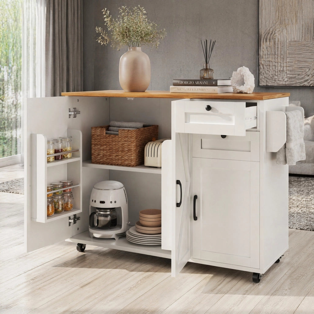 CARRELLO CUCINA PIEGHEVOLE 120 x 43,2/71,2 x 92 cm MDF BIANCO