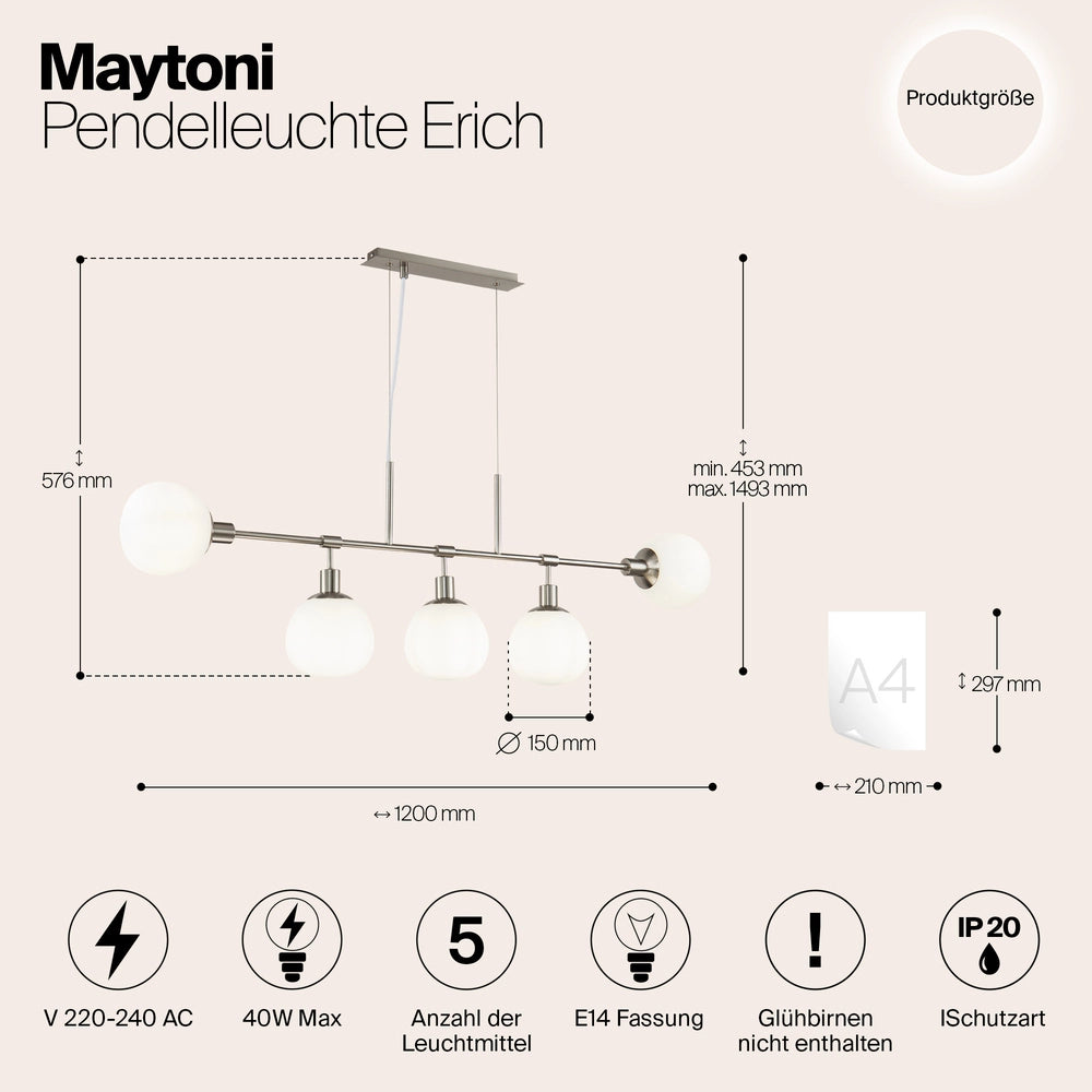 Maytoni Lampadario Sospensione Erich 5 luci E14 nichel metallo diffusore vetro