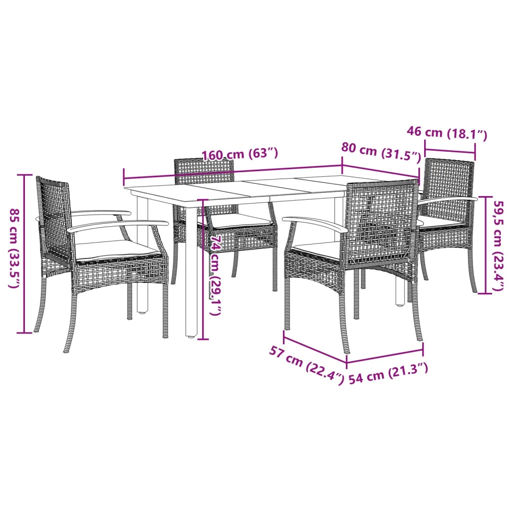Set da Pranzo da Giardino 5 pz con Cuscini in Polyrattan Grigio