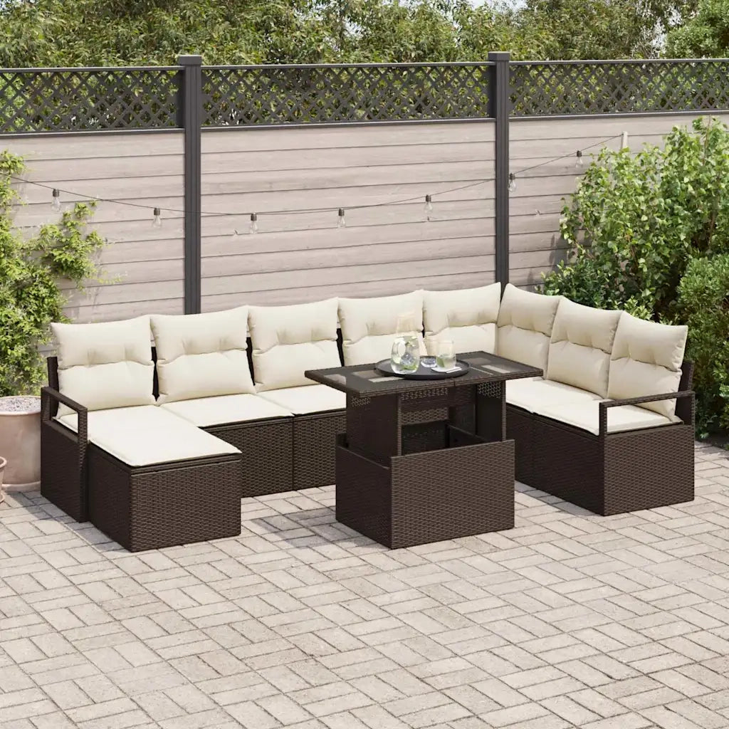 Set Divano da Giardino con cuscino 9 pcs Marrone e crema