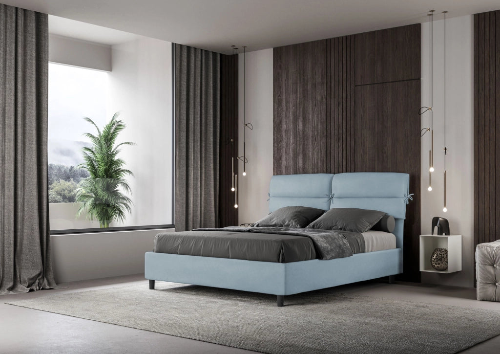 BS COM Letto matrimoniale con rete imbottito 160x210 microfibra azzurro