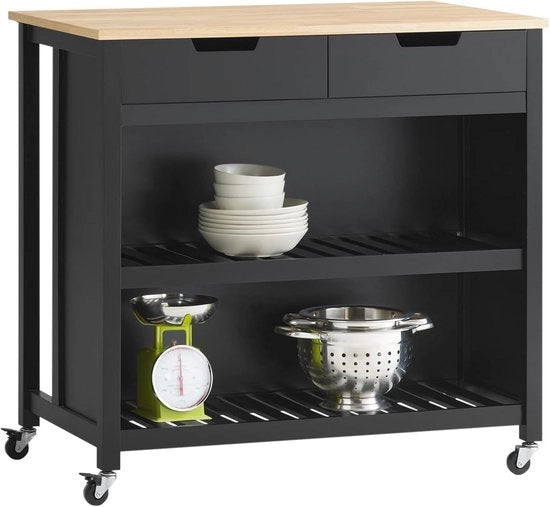 Carrello da Cucina su Ruote con 2 Lavello e Schede - Nero