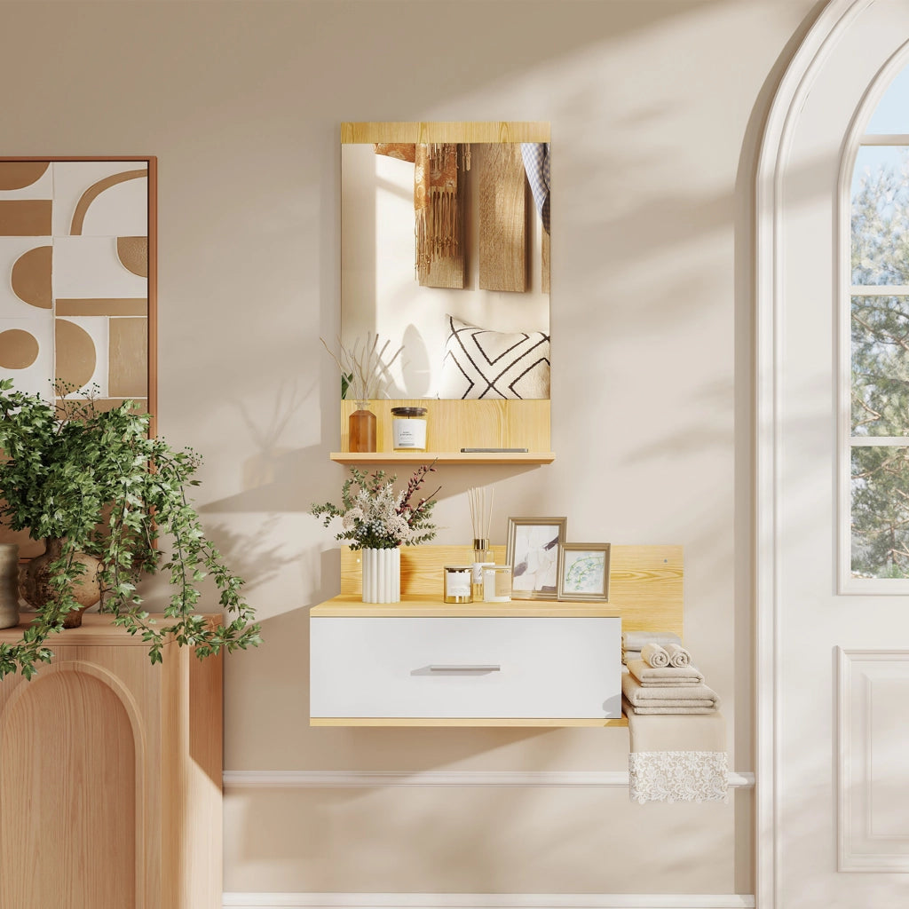 Mobile da Ingresso con Specchio ¨C Xylo ¨C Legno Naturale con Cassetto e 2 Ripiani
