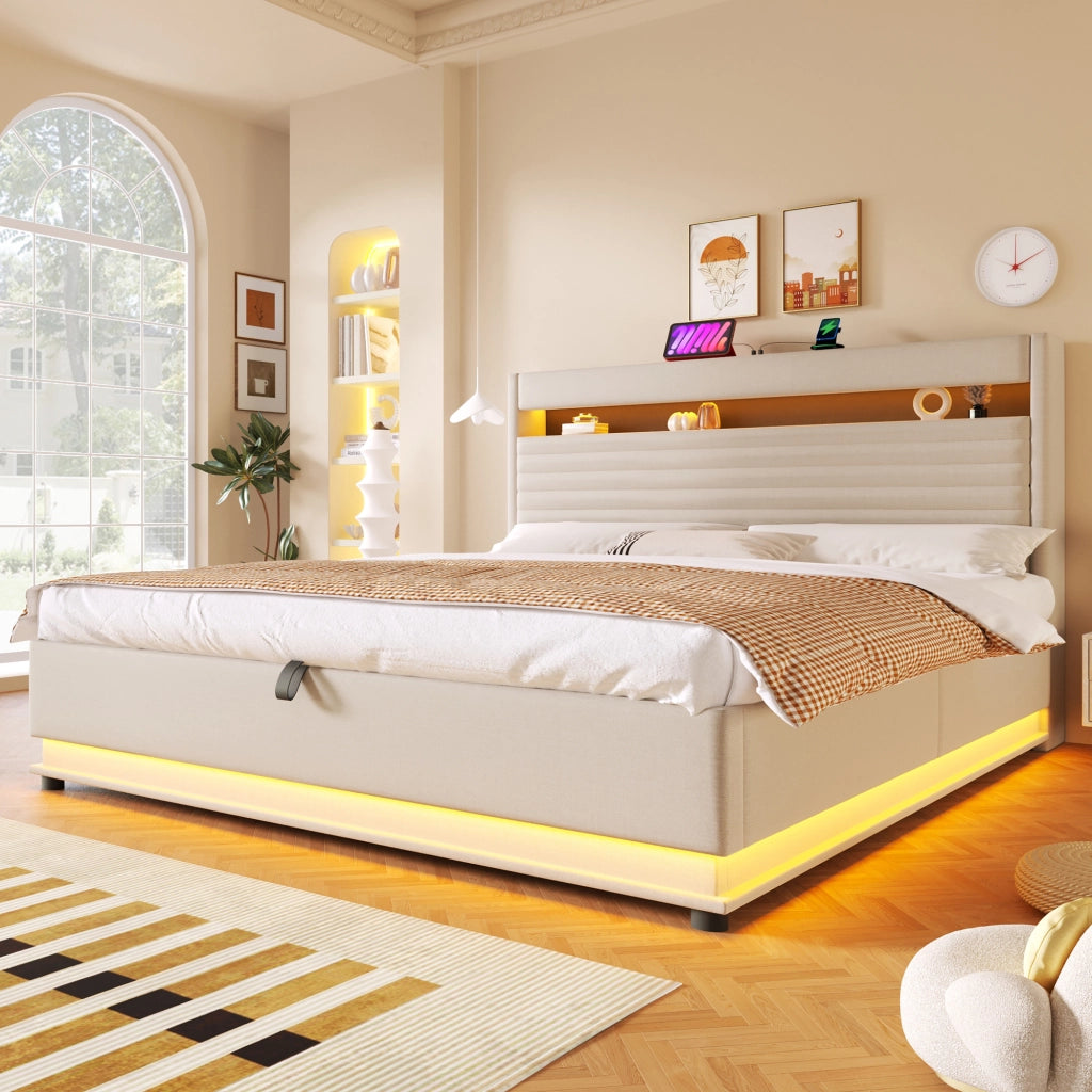 LETTO imbottito 180x200 cm in lino beige con LED, USB Type-C e vano contenitore