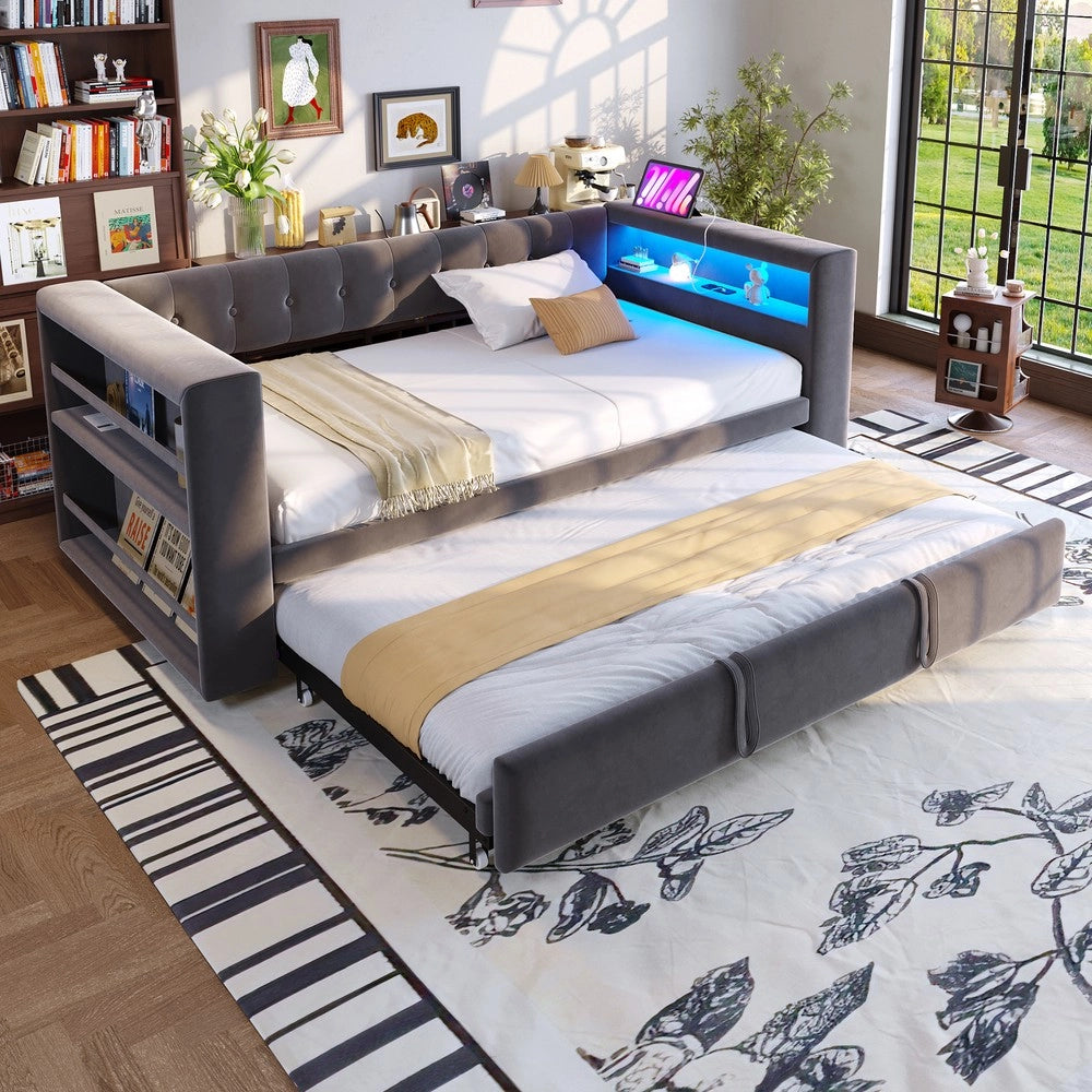 Letto Imbottito con LED e Contenitore ¨C Xylo ¨C Grigio Scuro, 90x190 / 180x190