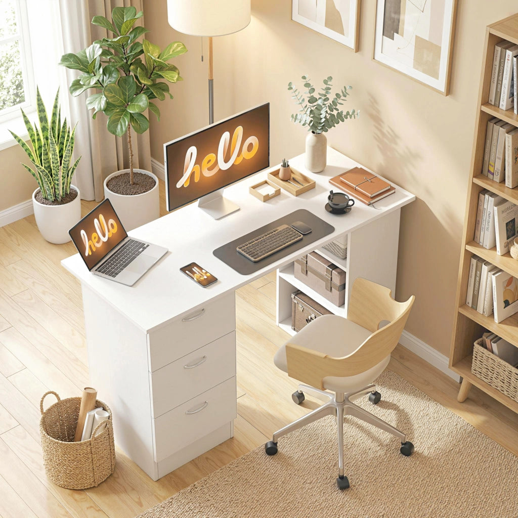 Scrivania per computer con cassetti e ripiani ¨C Xylo ¨C legno bianco 120x49x72cm