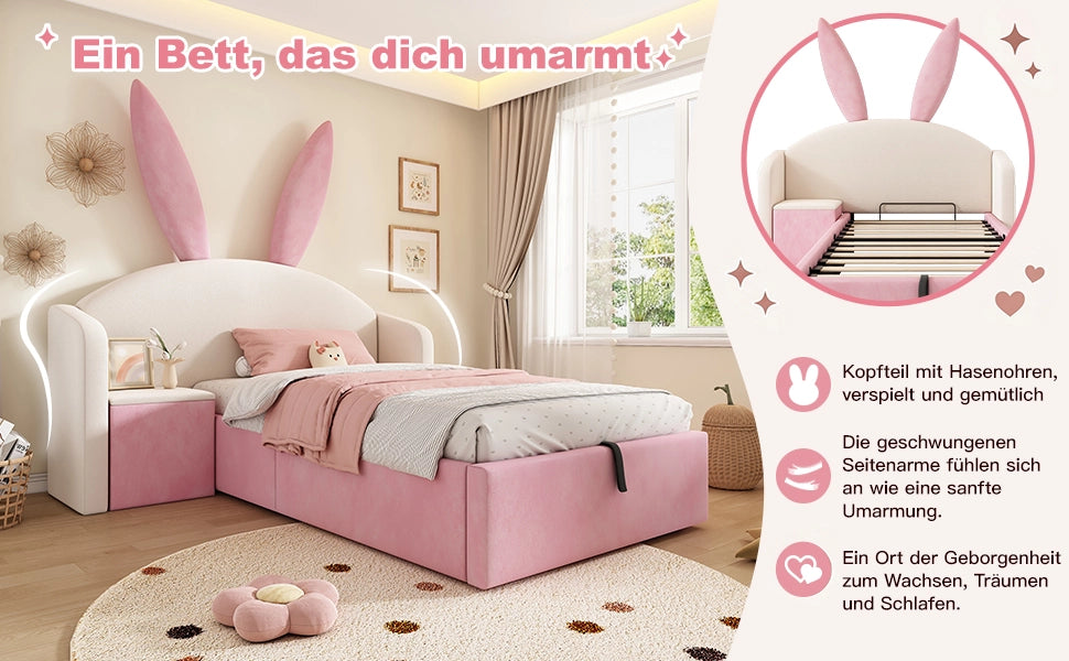 Letto Imbottito Singolo per Bambini con Contenitore e Comodino ¨C MINIMAL ¨C Velluto Beige Rosa 90x190