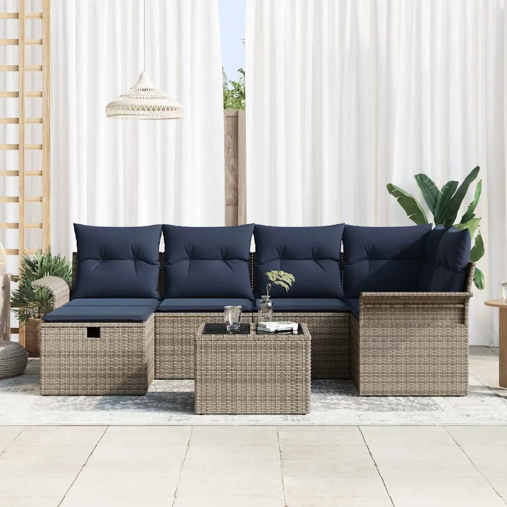 Set Divano da Giardino 7 pcs Grigio e Blu Navy polyrattan 3358894