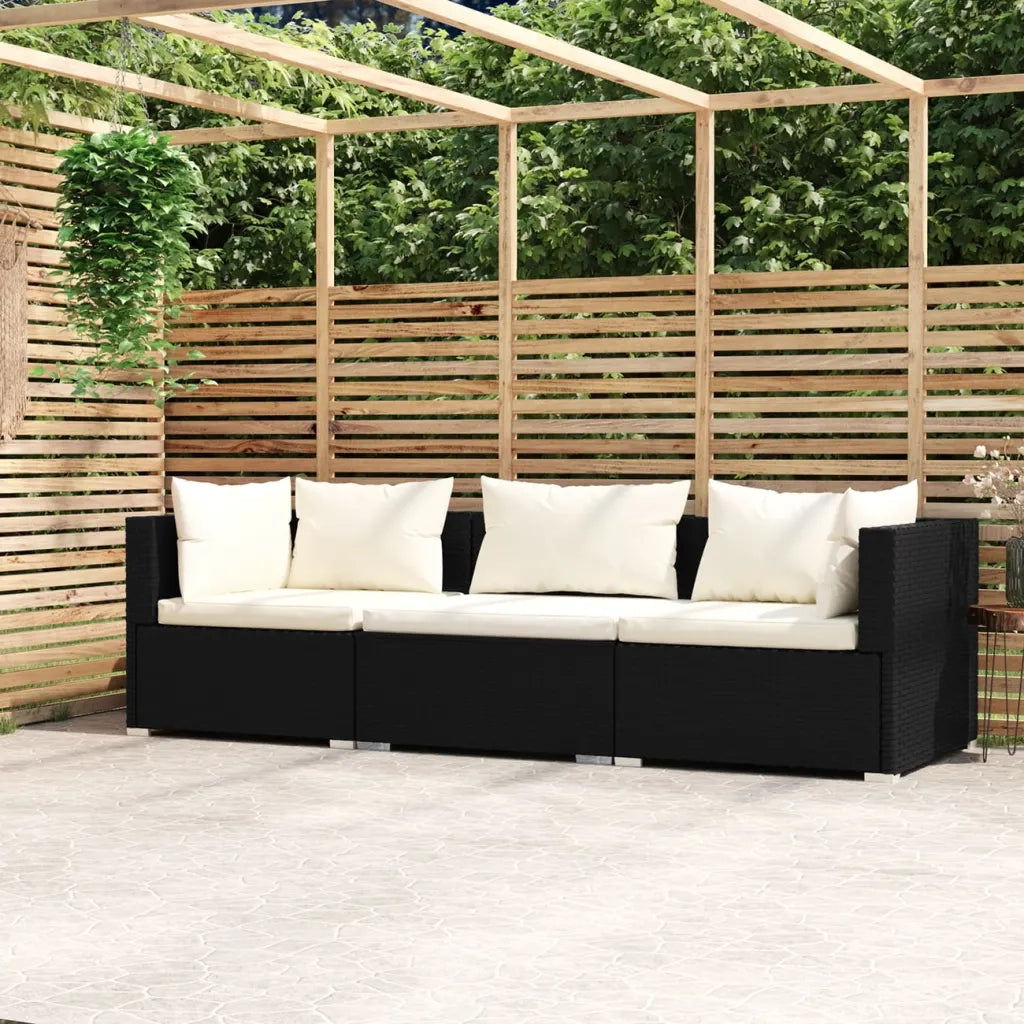 Divano a 3 Posti con Cuscini-Sofa 3 Posti con Cuscini Nero in Polyrattan