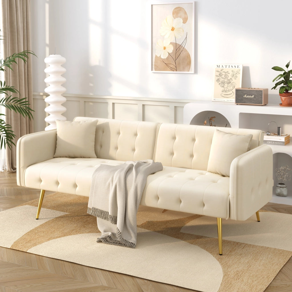 Divano Letto 2 Posti con Schienale Regolabile e Braccioli Multi-Posizione in Velluto Beige