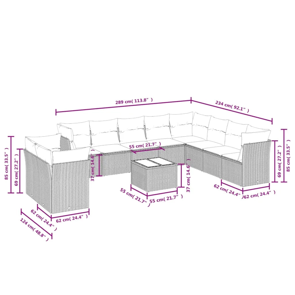 Set Divani da Giardino 11 pz con Cuscini in Polyrattan Grigio 3249711