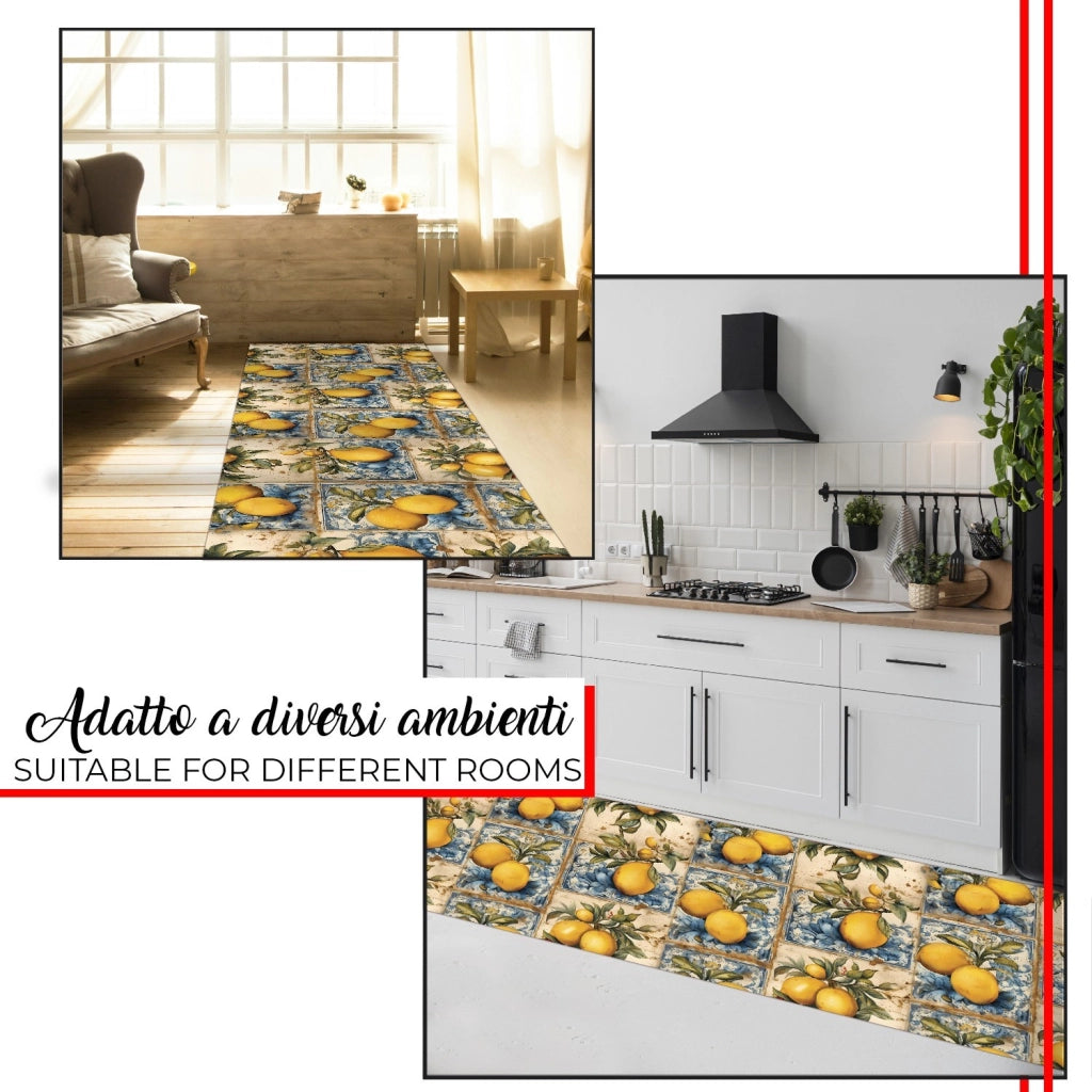 Tappeto Cucina Gomma Pvc Stampato Alta Risoluzione HD Antimacchia Antiscivolo Limoni Vintage - 51x100 Cm