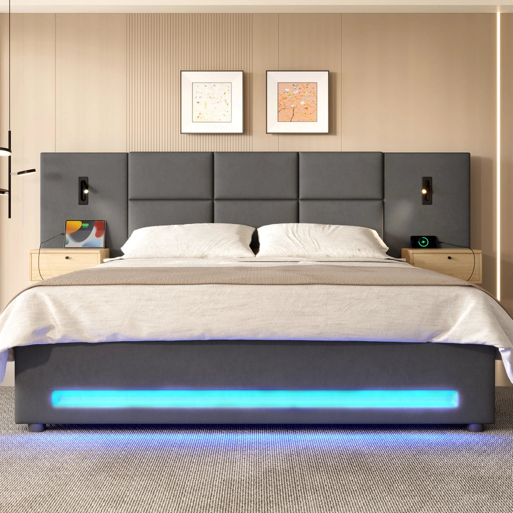 LETTO imbottito 160x200 cm in velluto grigio scuro con contenitore e USB-C