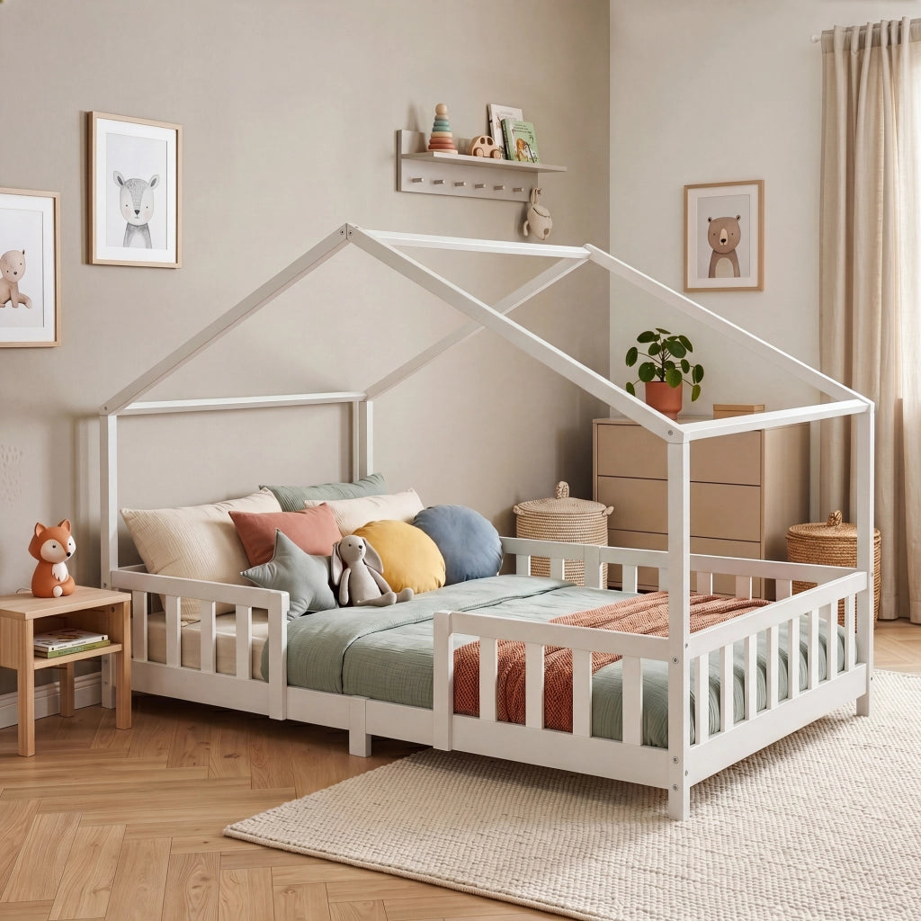 Letto per Cameretta Treviolo a Forma di Casetta in Stile Montessori 120x200 cm Bianco [en.casa]