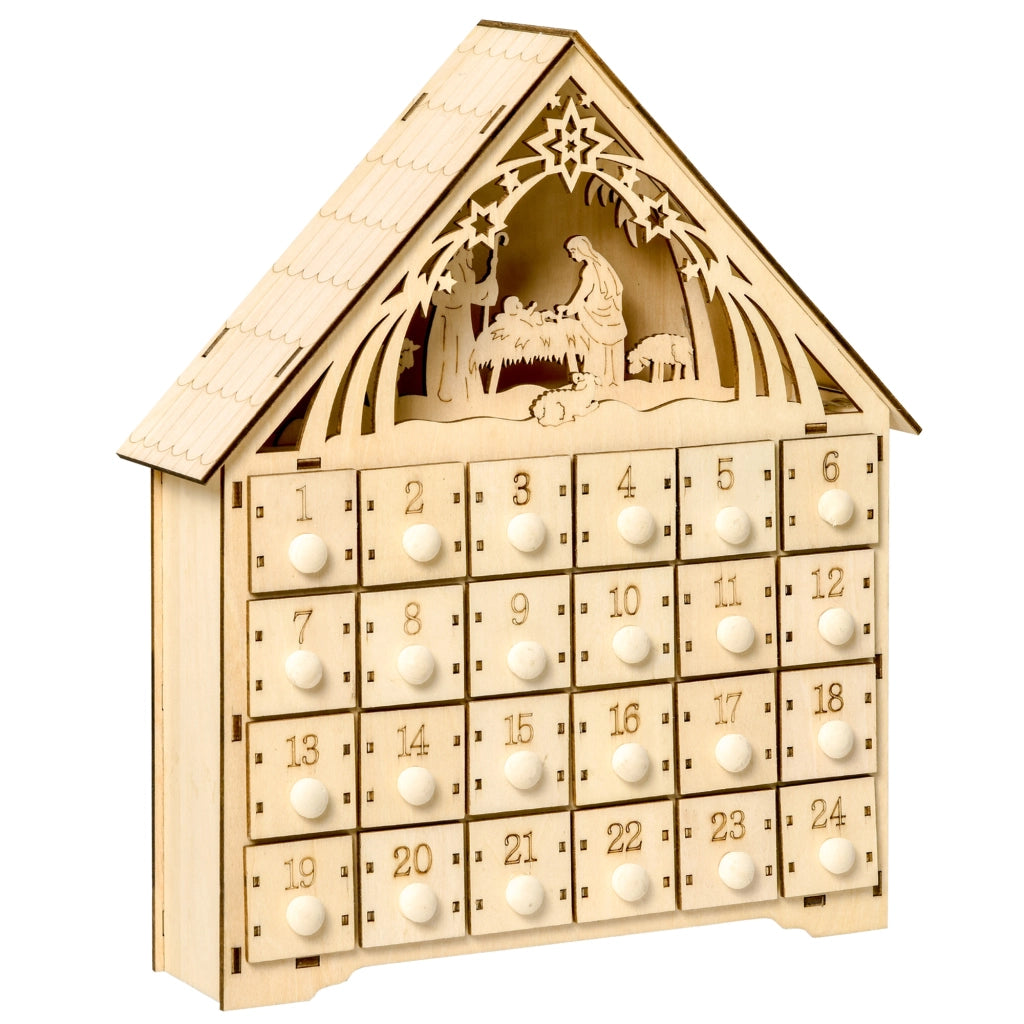 Calendario dell'Avvento in Legno con 24 Cassetti ¨C Xylo ¨C Decorazione Natalizia con Presepe e Luci, 26.6x6x30cm