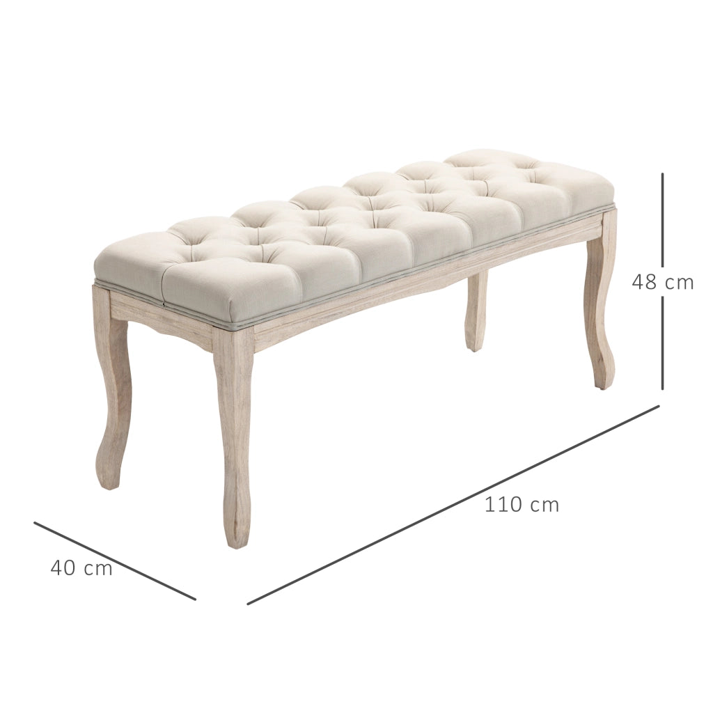 EasyComfort Panca Fondoletto Vintage con Seduta Imbottita in Tessuto e Gambe in Legno, 110x40x48cm, Beige