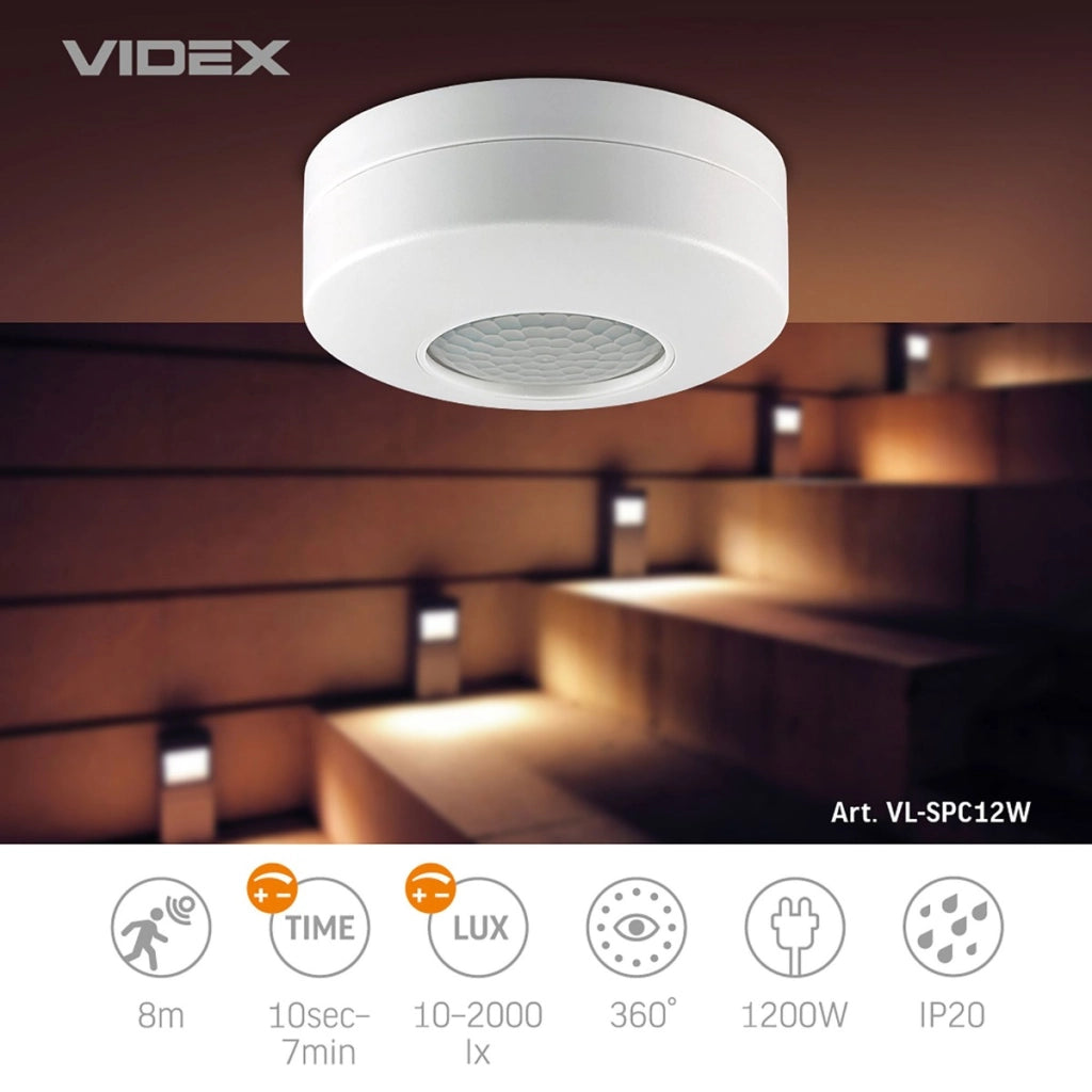 Videx Sensore PIR luce/movimento 8m 1200W IP20 rotondo