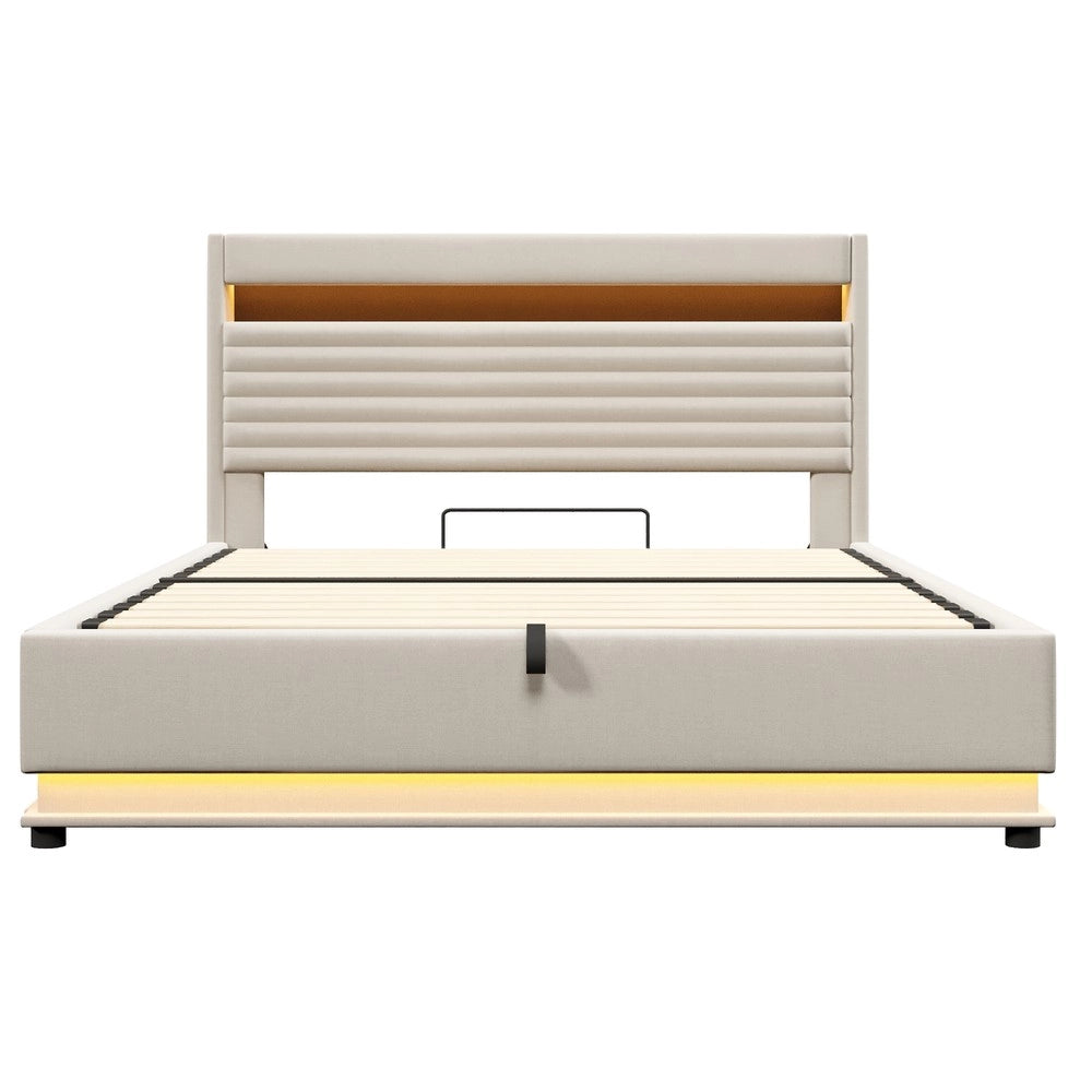 Letto Imbottito Contenitore con LED e USB ¨C MINIMAL ¨C Matrimoniale 180x200, Tessuto Beige