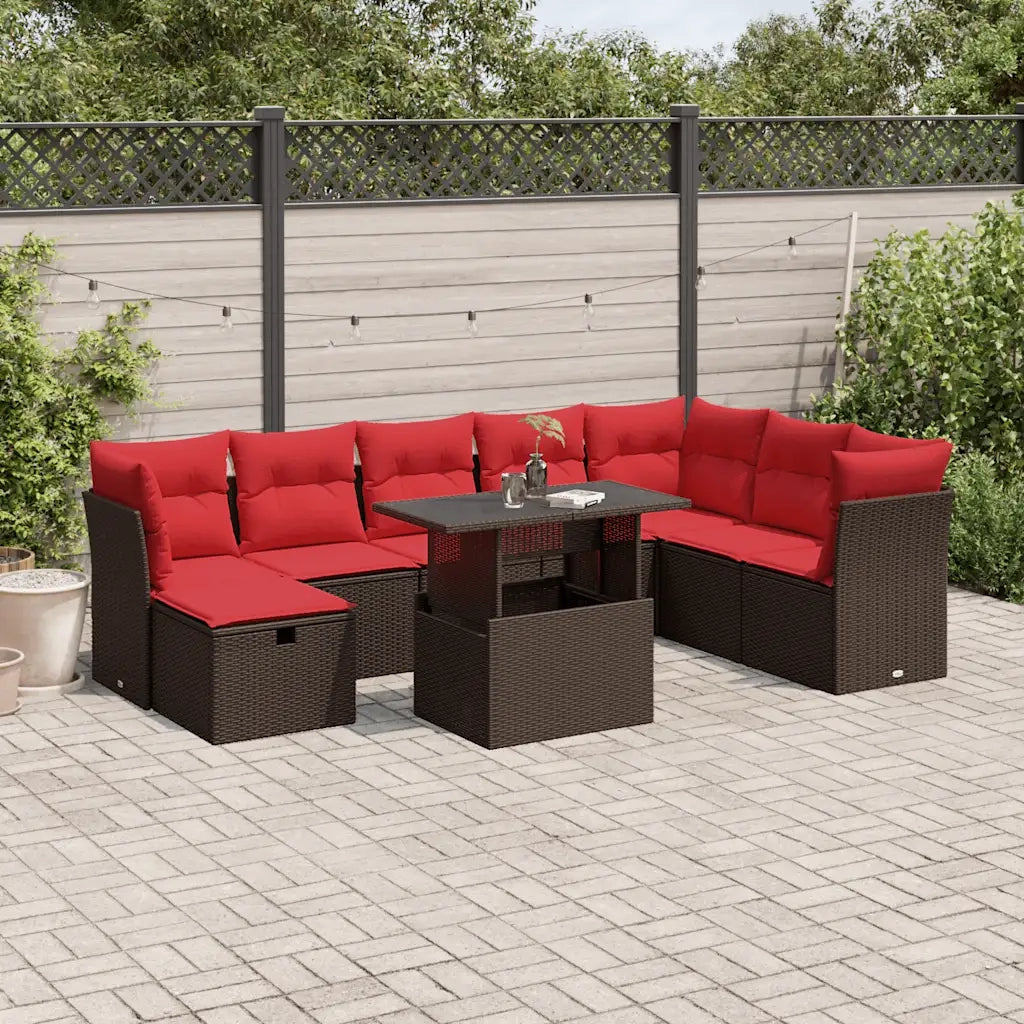 Set Divani da Giardino 9 pz con Cuscini Marrone in Polyrattan 3274714