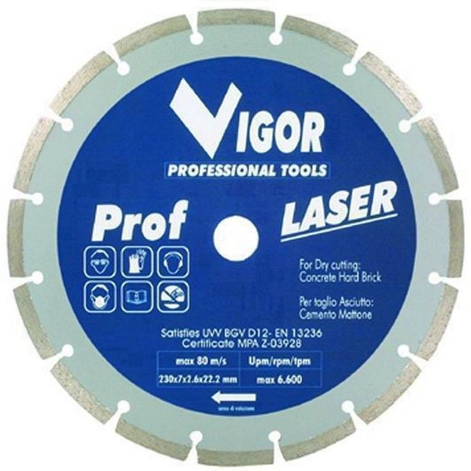 Vigor 5281730 Prof-Las Disco Diamantato a Settori Diametro 230 mm Per Tagli a Secco Saldato al Laser colore Nero